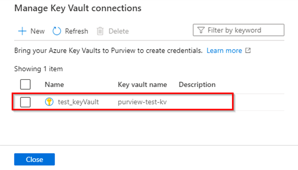 View Azure Key Vault connections to confirm.