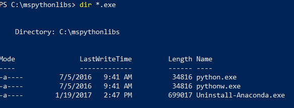 Screenshot from a PowerShell terminal showing the list of Python executables resulting from running dir *.exe.