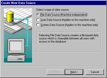 CH23A Create New Data Source dialog box: select type