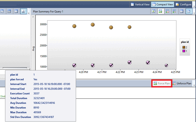 Screenshot from SSMS of the Query Store force plan button.