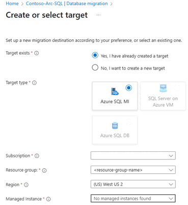 Screenshot that shows the Create or select target pane.