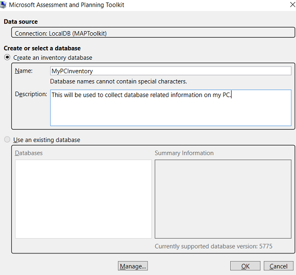 Screenshot of MAP Create/Select DB Overview.