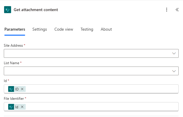 Screenshot of getting both the ID properties for the get attachment content SharePoint action.