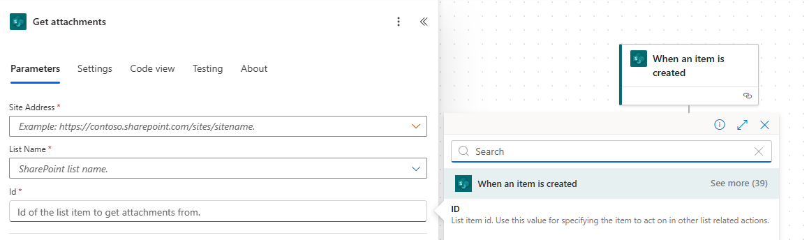 Screenshot of getting the ID property for the Get attachments action.