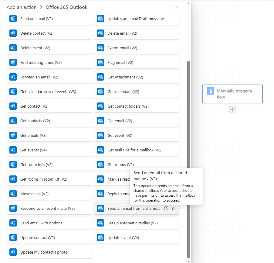 Screenshot of the Send an email from a shared mailbox (V2) action.