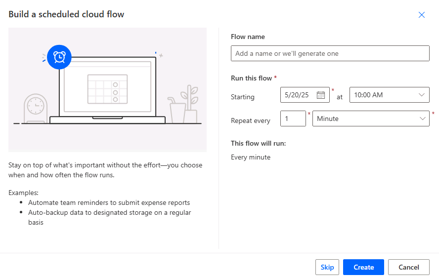 Screenshot showing the screen where date, time, and frequency of a scheduled flow can be defined.