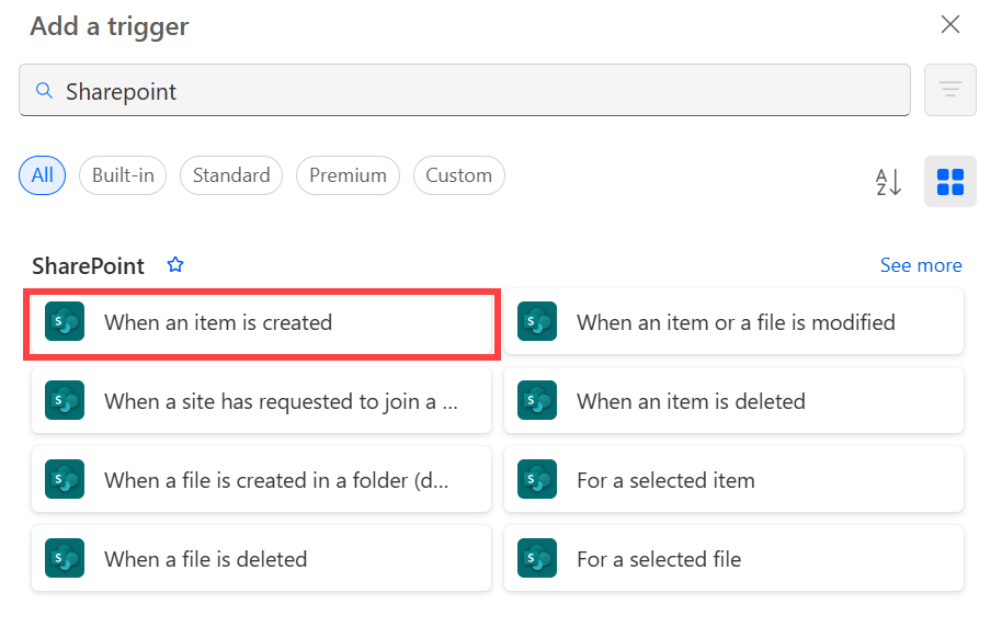Screenshot of the Sharepoint connectors available in Power Automate.