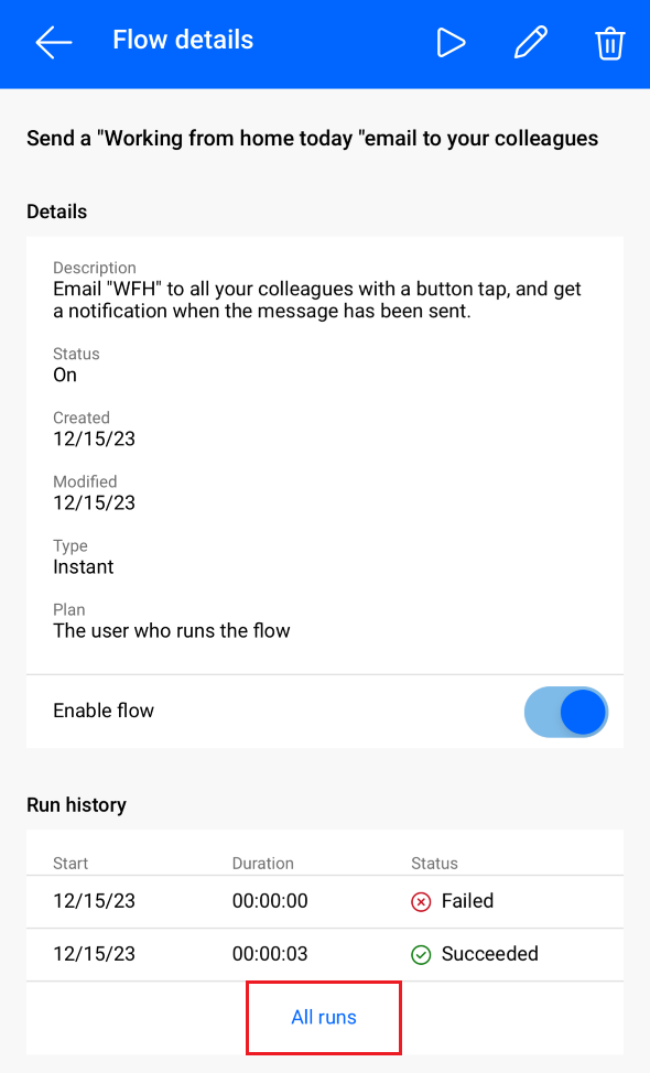 Screenshot of Power Automate home page with a list of flow details.