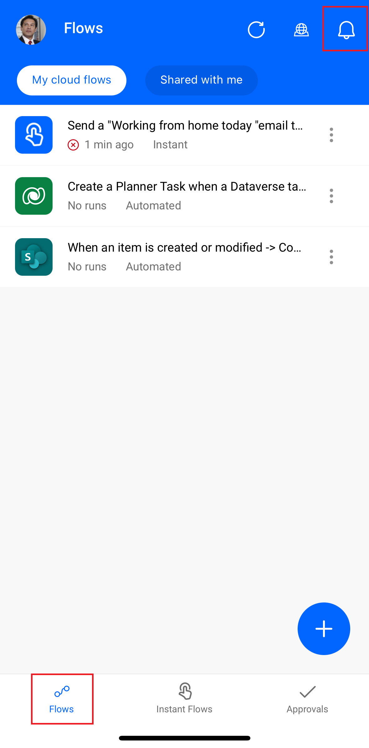 Screenshot of Power Automate home page with a list of flows.