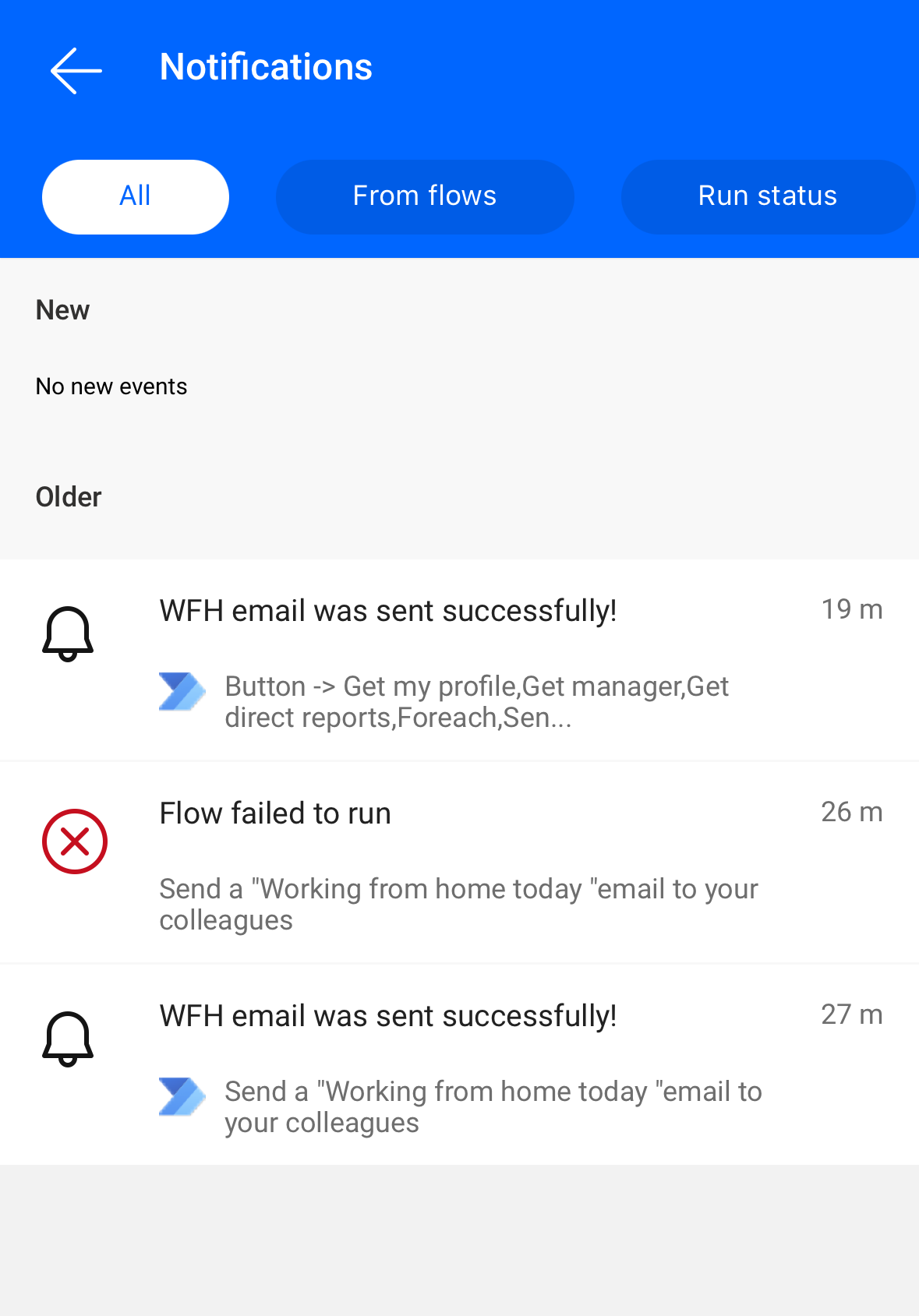 Screenshot of Power Automate home page with a list of flow notifications.