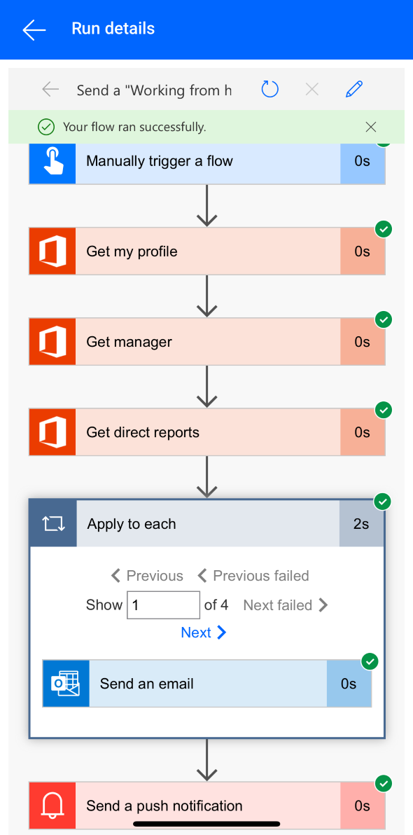 Screenshot of Activity details. Run details are On new email, Get my profile, Get manager, and Check if it is my manager.
