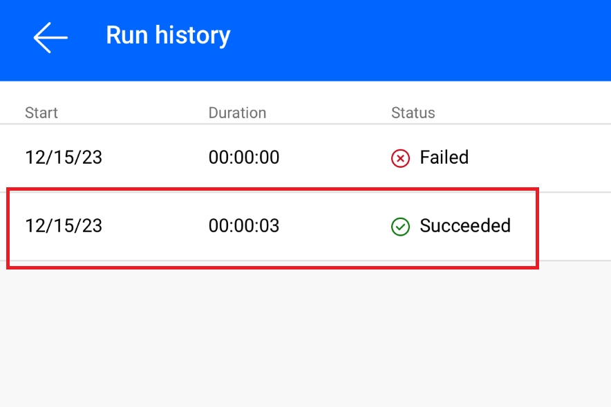 Screenshot of selecting the flow run to see details for.