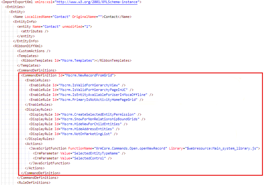 Screenshot shows an example to modify the CommandDefinition node.