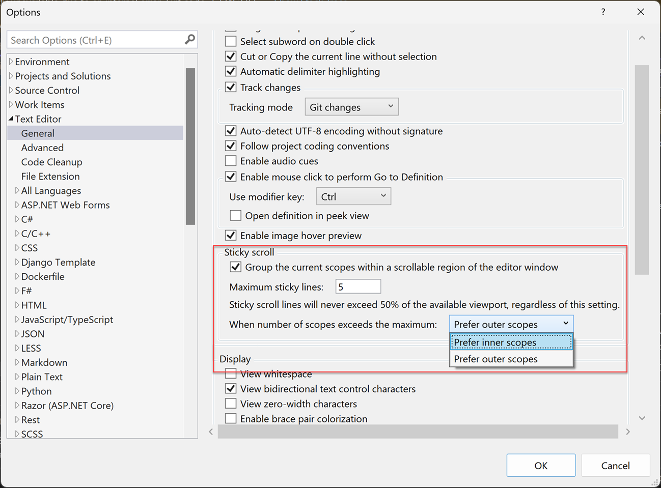 Screenshot of the inner and outer scope options for Sticky Scroll.