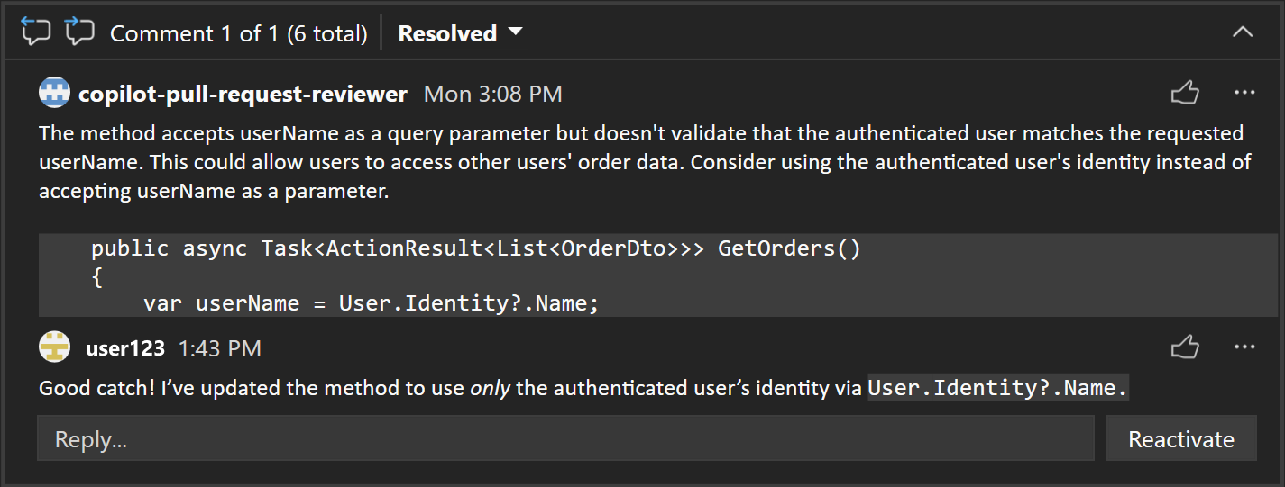 Screenshot a PR comment that shows Markdown formatting.