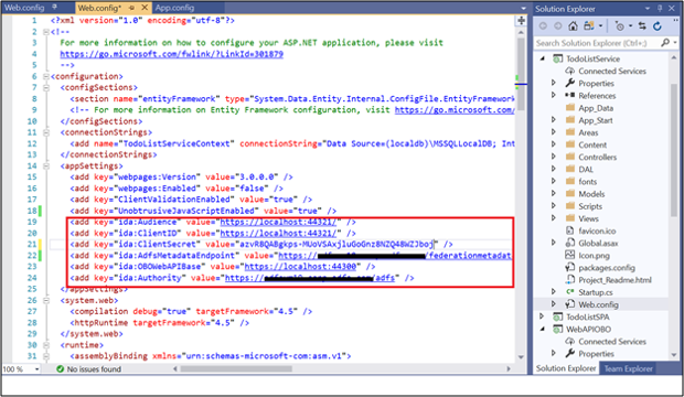 Screenshot of the web config file under ToDoListService showing the modified values.
