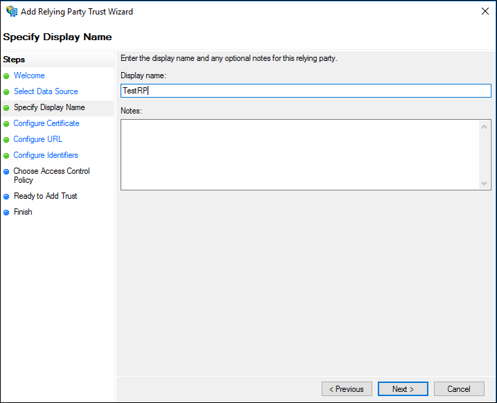 Screenshot of the Specify Display Name page of the Add Relying Party Trust Wizard.