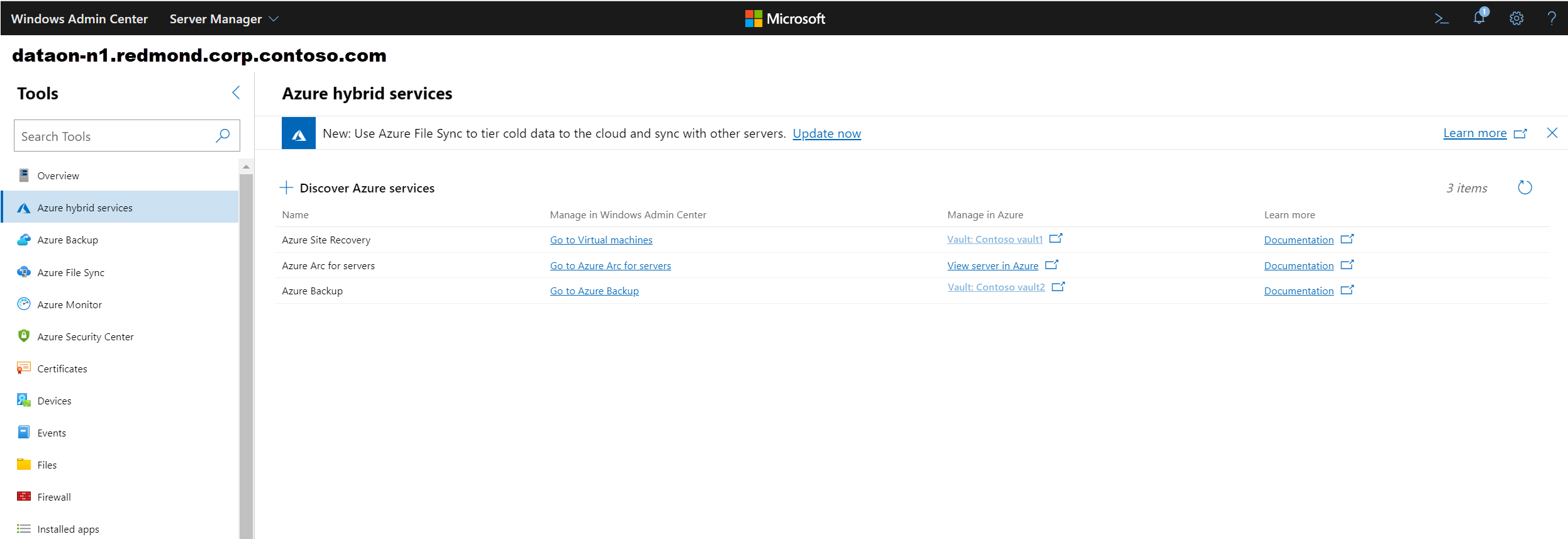 Screenshot of Windows Admin Center showing Azure services that are already installed on the server