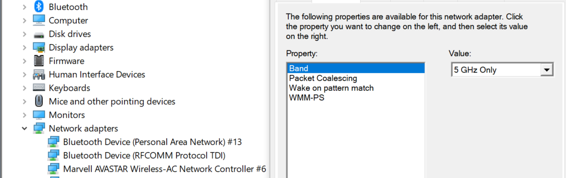 Wifi band selection settings can be found through device manager