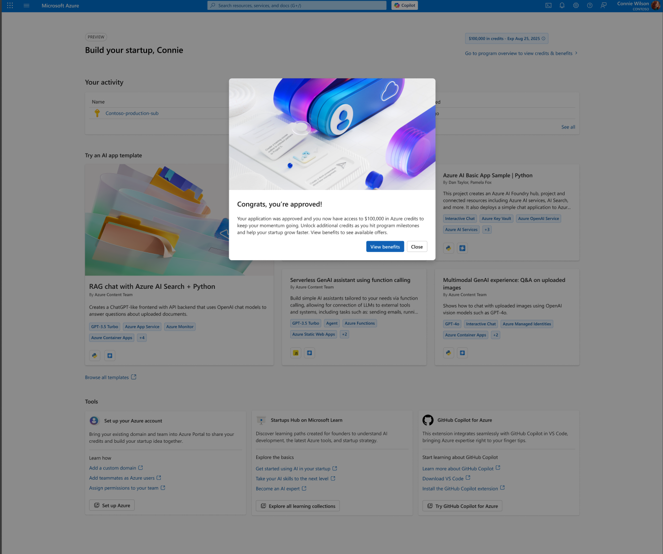 Congrats, you're approved! modal confirming $100,000 in Azure credits.