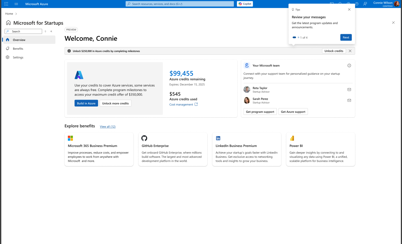 Tip 1 of 4: Review your messages with the Unlock $250,000 in Azure credits banner.