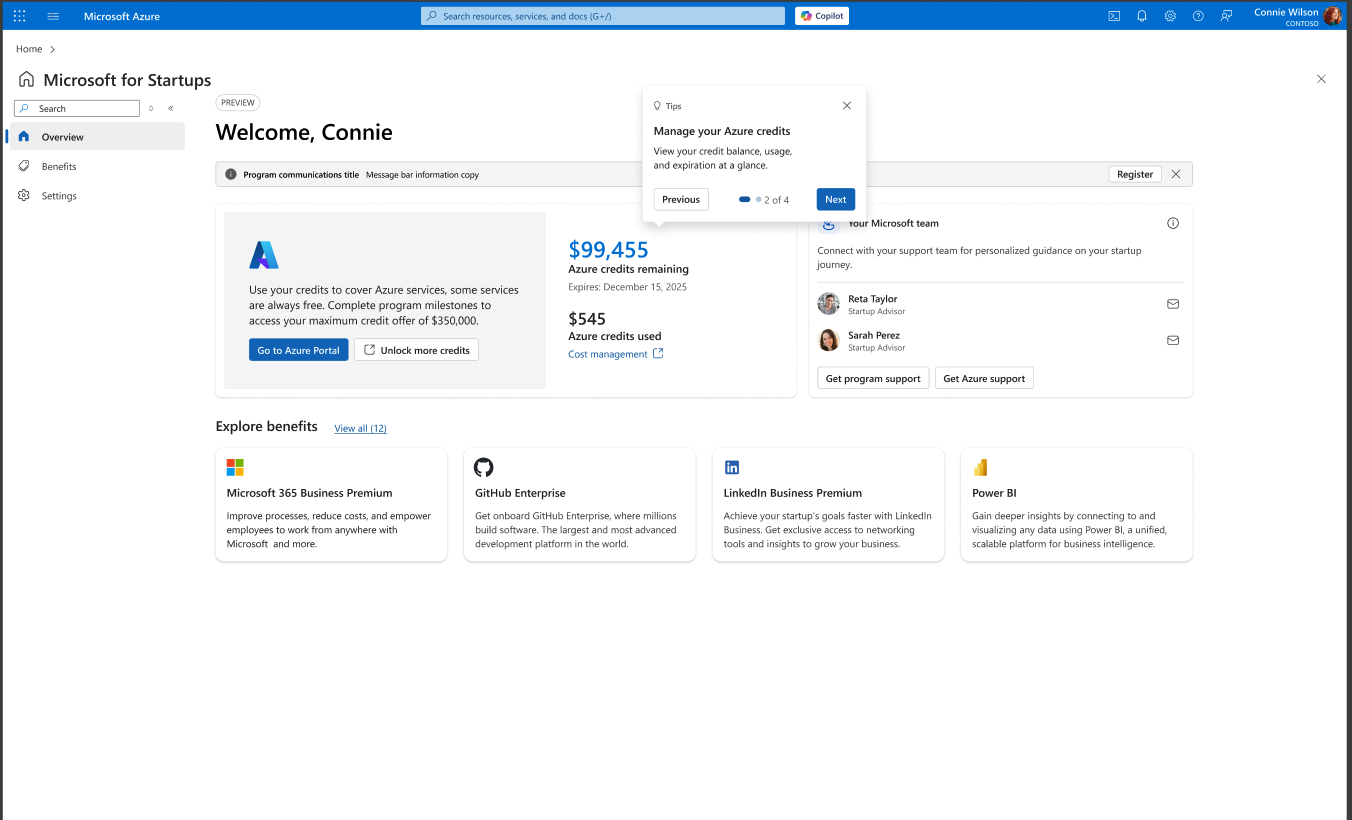 Tip 2 of 4: Manage your Azure credits overlay.