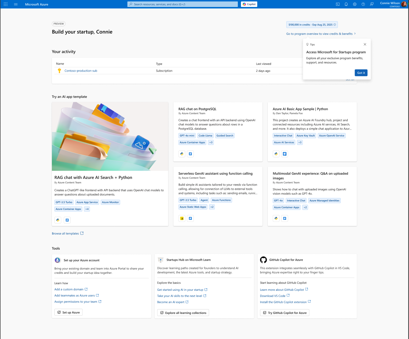 Access Microsoft for Startups program tip on the Build your startup page.