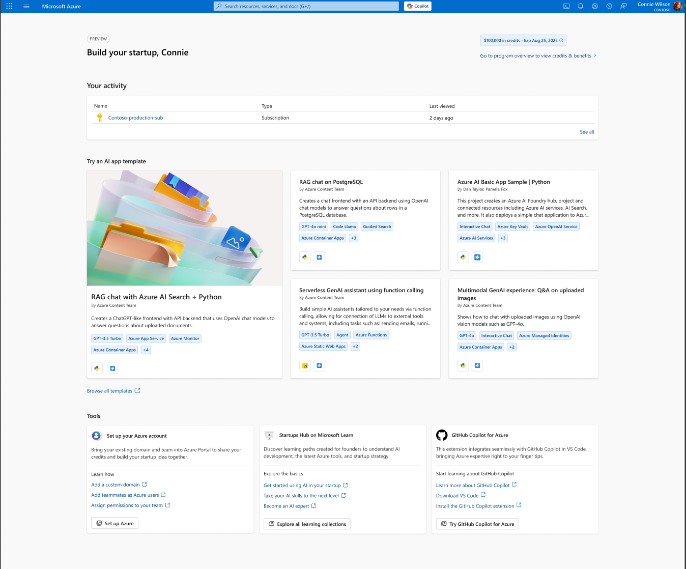 Returning visit (approved): Build your startup page with $100,000 credit balance banner.