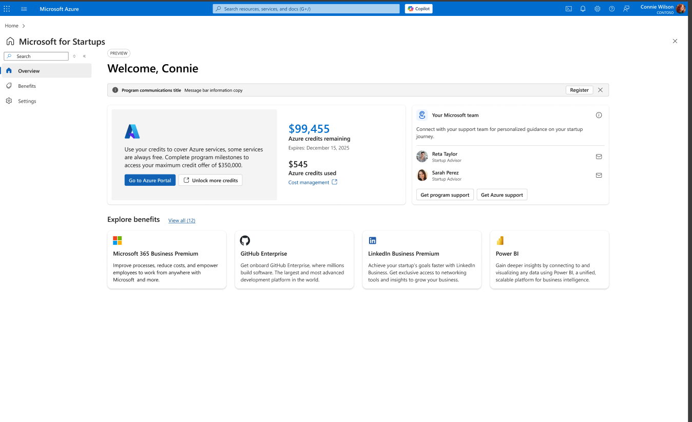 Returning visit (approved): clean Microsoft for Startups Welcome page with your remaining Startup credits.