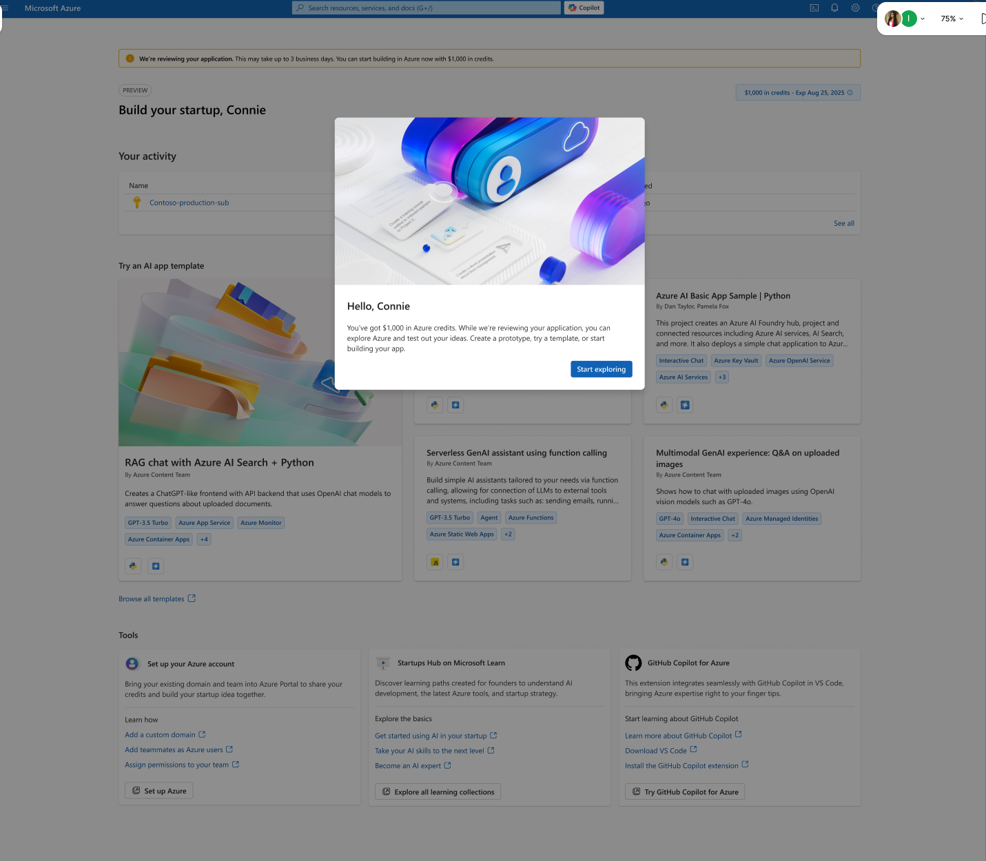 First sign-in: "Hello, Connie" welcome modal with $1,000 in starter credits and the yellow application review banner.