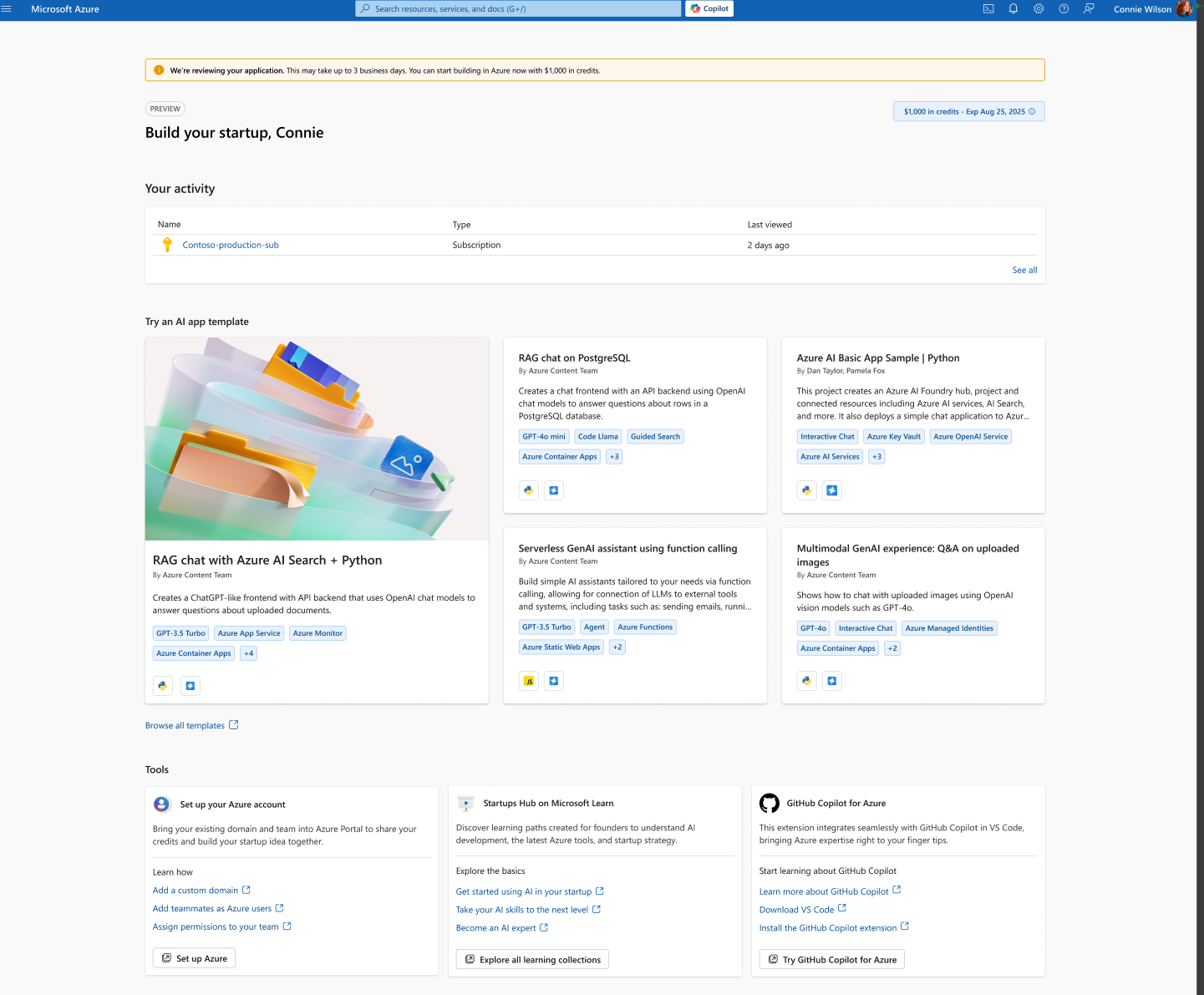 Dashboard view while under review: clean layout with the yellow pending application banner at the top.