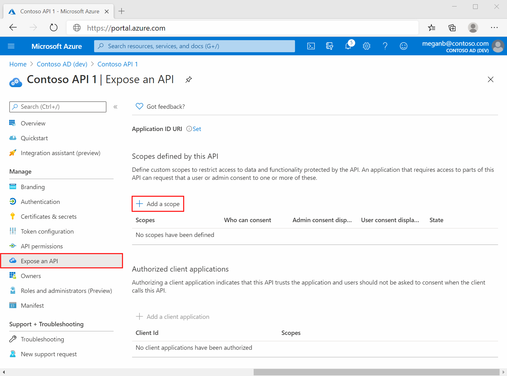 Appregistreringens fönstret Exponera ett API i Azure Portal