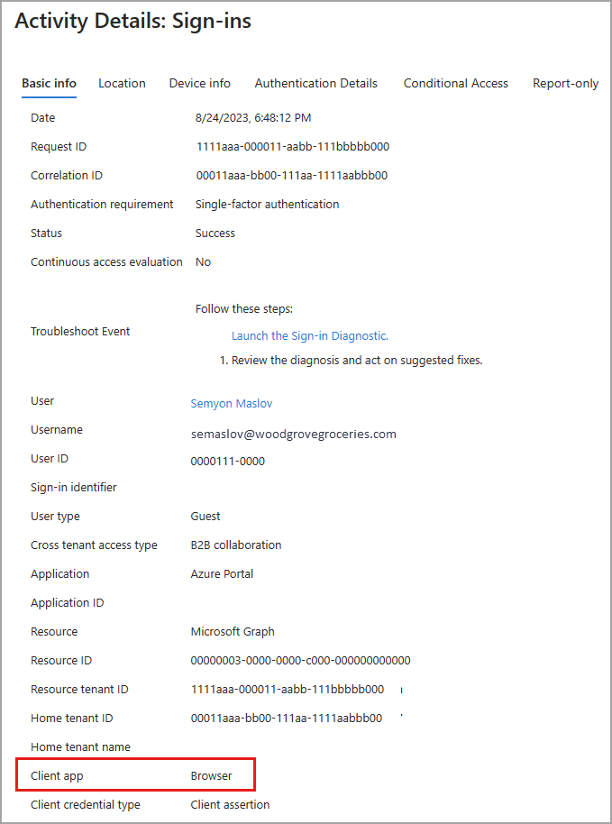 Skärmbild av inloggningsinformationen med klientappens detalj markerad.
