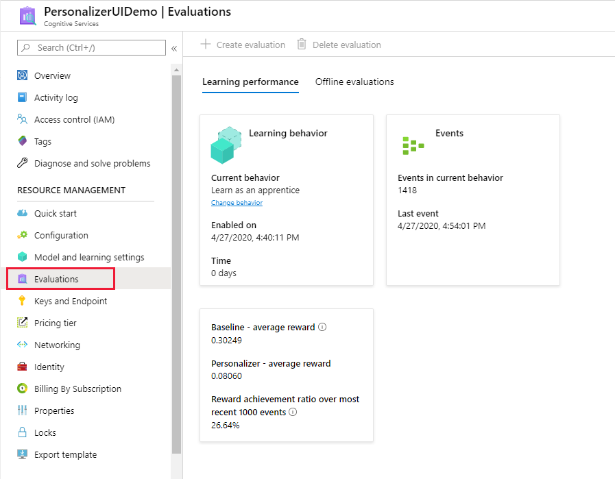 Screenshot of reviewing evaluation of apprentice mode learning behavior in Azure portal