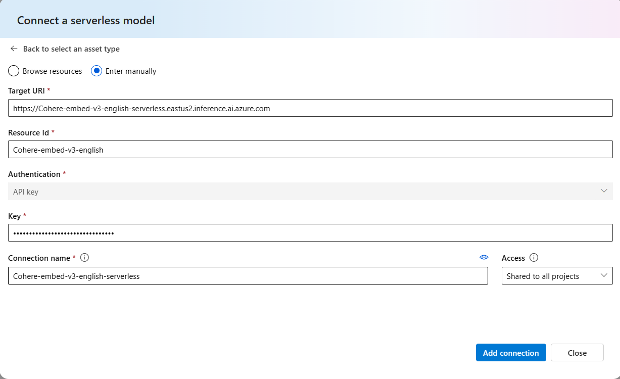 Skärmbild av att ansluta en serverlös modell.