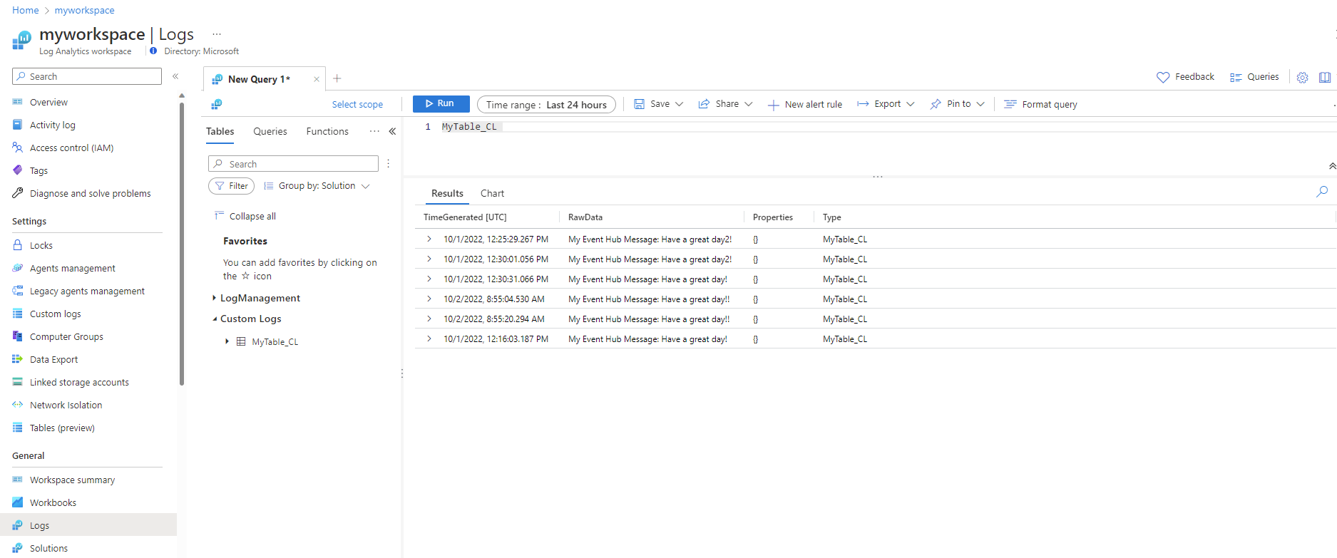 Screenshot showing the results of a simple query on a custom table. The results consist of events ingested from an event hub.