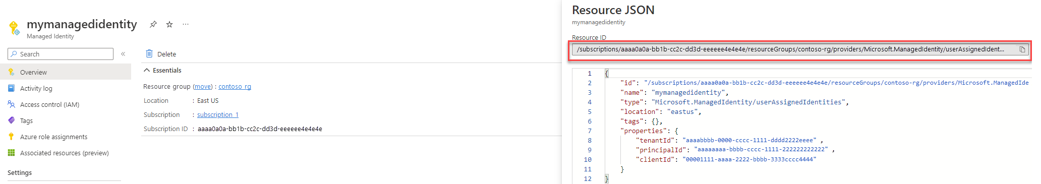 Screenshot showing Resource JSON screen with the managed identity resource ID highlighted.