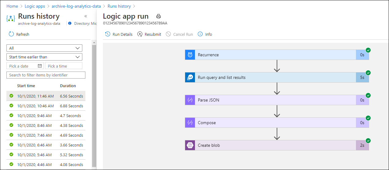 Screenshot that shows Runs history.