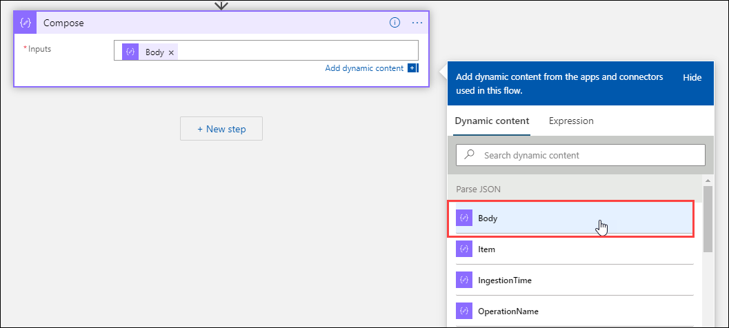 Screenshot that shows selecting a body for a Compose action.