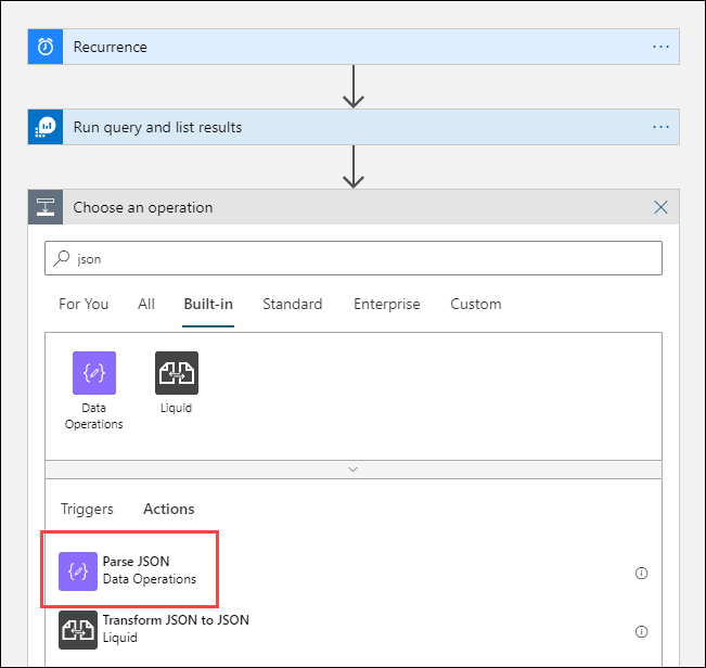 Screenshot that shows selecting a Parse JSON operator.