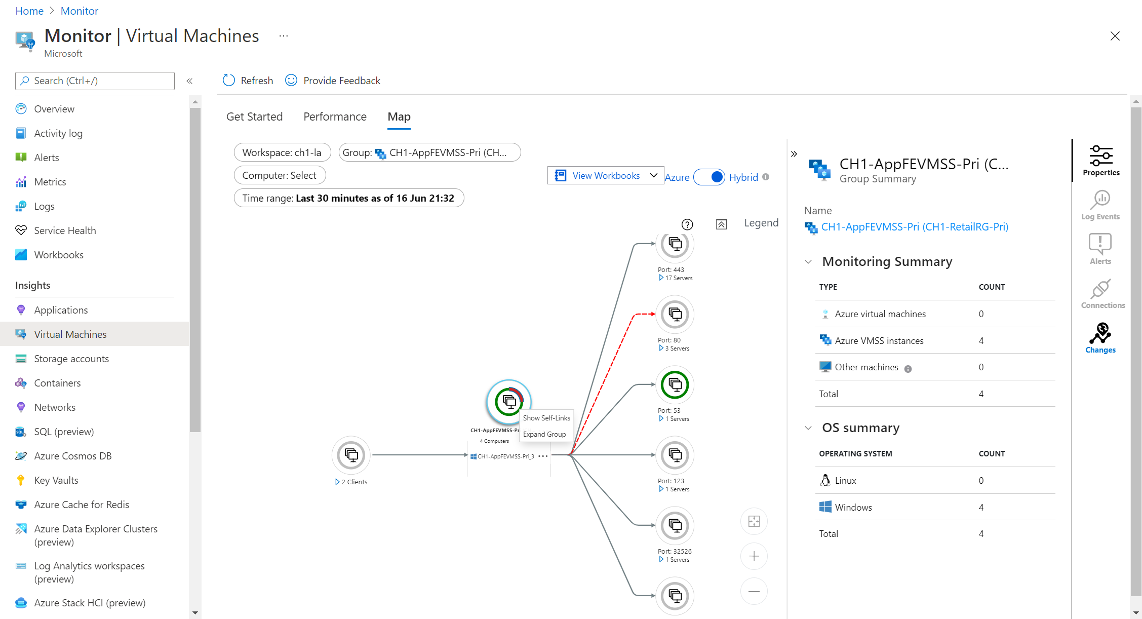 Screenshot that shows VM insights map.