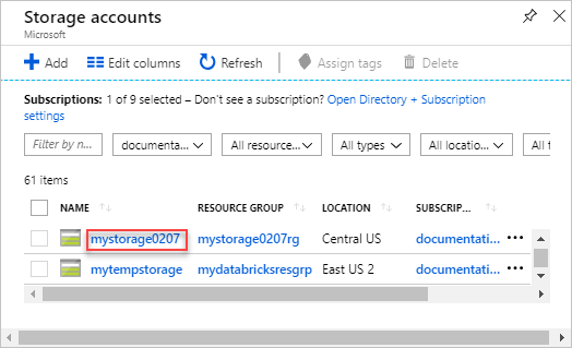 Skärmbild av Azure Portal med ett lagringskonto med namnet mystorage0207 markerat.
