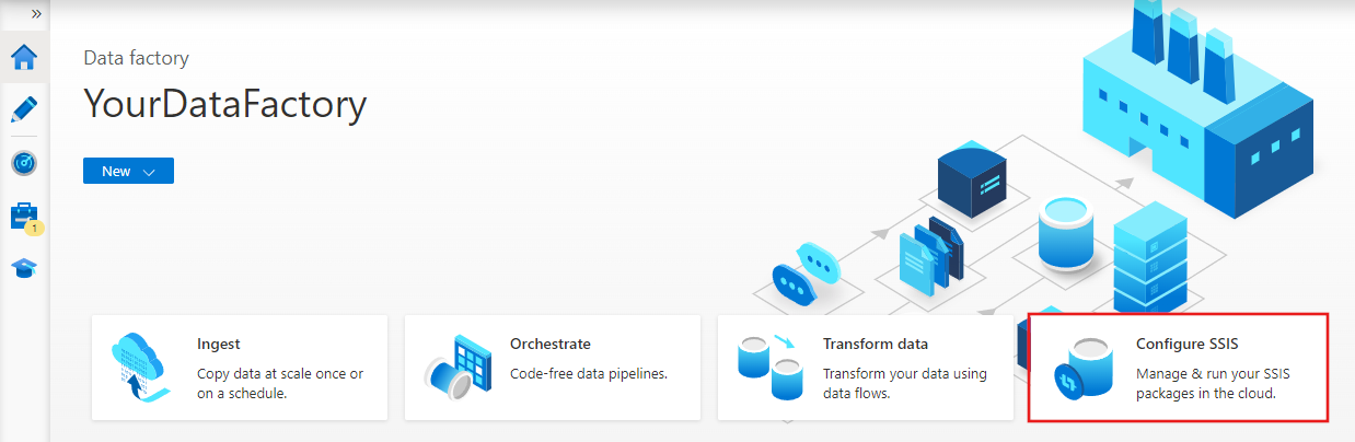 Skärmbild som visar startsidan för Azure Data Factory.