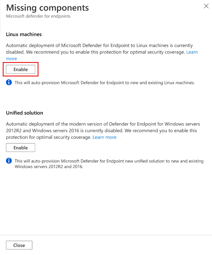 Skärmbild av hur du aktiverar integreringen mellan Defender för molnet och Microsofts Identifiering och åtgärd på slutpunkt lösning, Microsoft Defender för Endpoint för Linux.