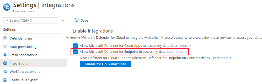 Integreringen mellan Microsoft Defender för molnet och Microsofts EDR-lösning är Microsoft Defender för Endpoint aktiverad
