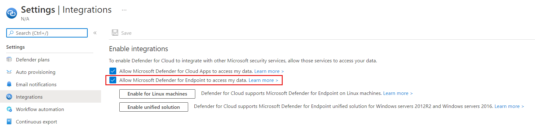 Integreringen mellan Microsoft Defender för molnet och Microsofts EDR-lösning, Microsoft Defender för Endpoint, är aktiverad.