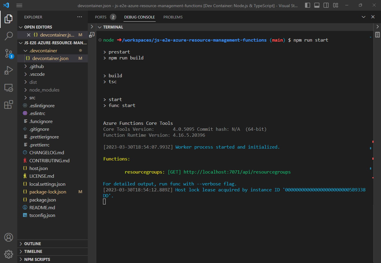 Partiell skärmbild av Visual Studio Code:s integrerade bash-terminal när Azure-funktionen körs lokalt och visar den lokala URL:en för API:erna i funktionsappen.