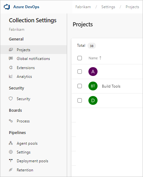 Skärmbild av alternativ för samlingsinställningar, Azure DevOps Server 2019-2020-versioner.