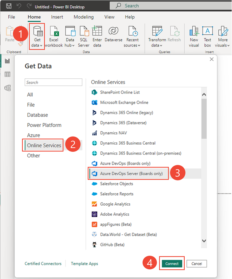 Skärmbild av Power BI Anslut till Azure DevOps Server (endast boards).
