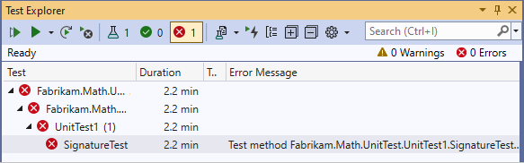 Skärmbild av Test Explorer som visar ett misslyckat test.